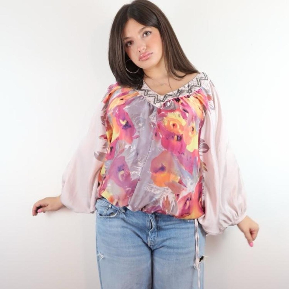 y2k sheer floral blouse | 2000s sheer puff sleeve top | colorful abstract floral